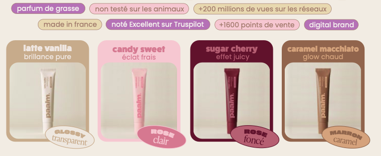 Quatre glosses, senteur latte vanilla, candy sweet, sugar cherry et carramel machiato.